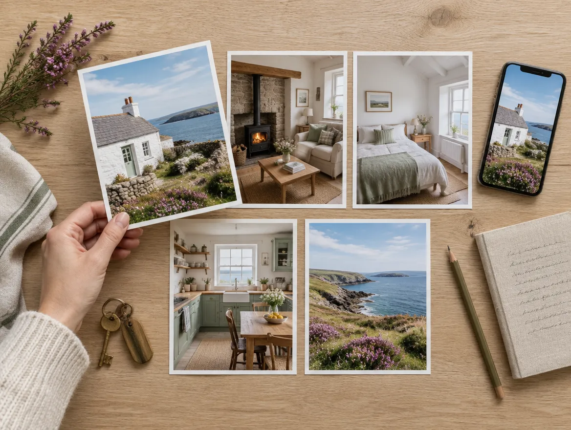Illustration: printed photos of a cottage being arranged for a holiday home listing
