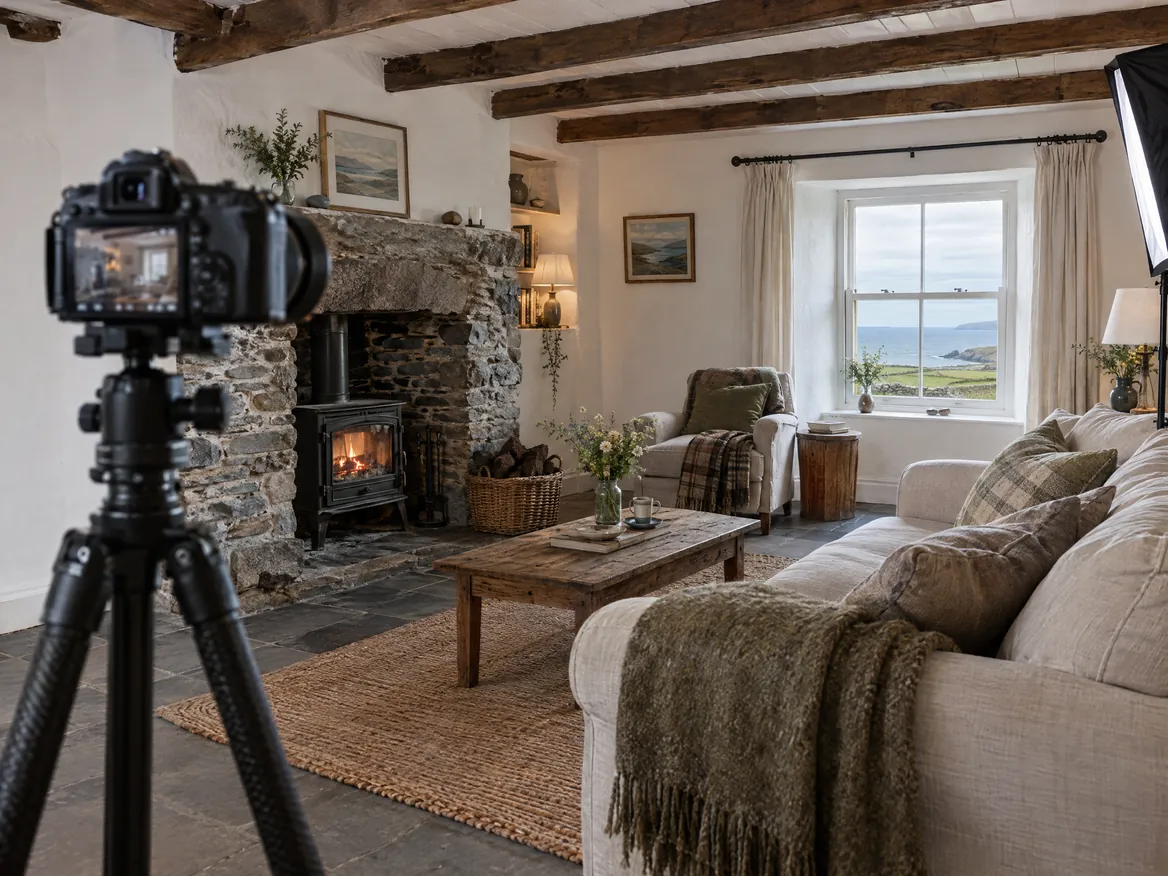 Illustration: a camera on a tripod photographing a cottage living room with a stone fireplace
