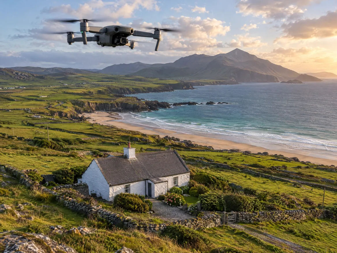 Illustration: a camera drone above a whitewashed cottage near a Kerry beach