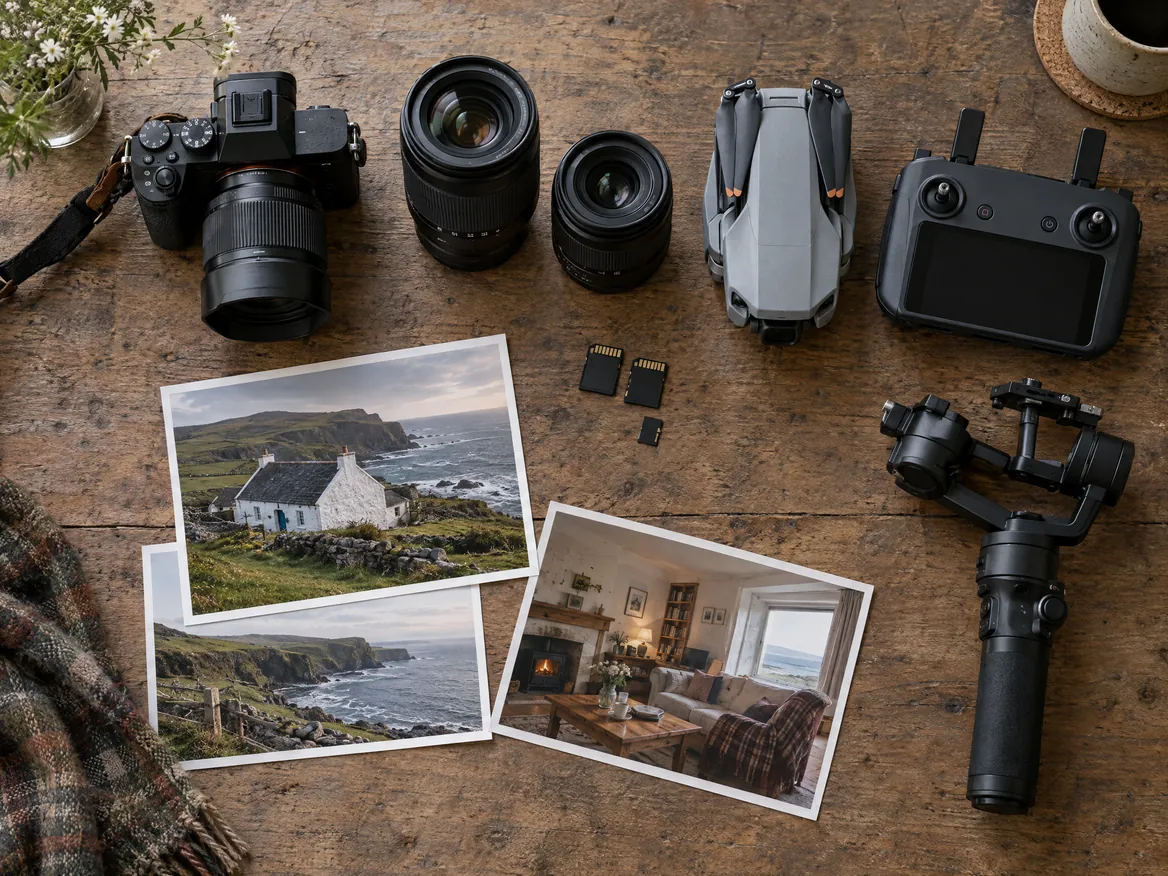 Illustration: camera, lenses, drone and gimbal on a table with printed cottage photos