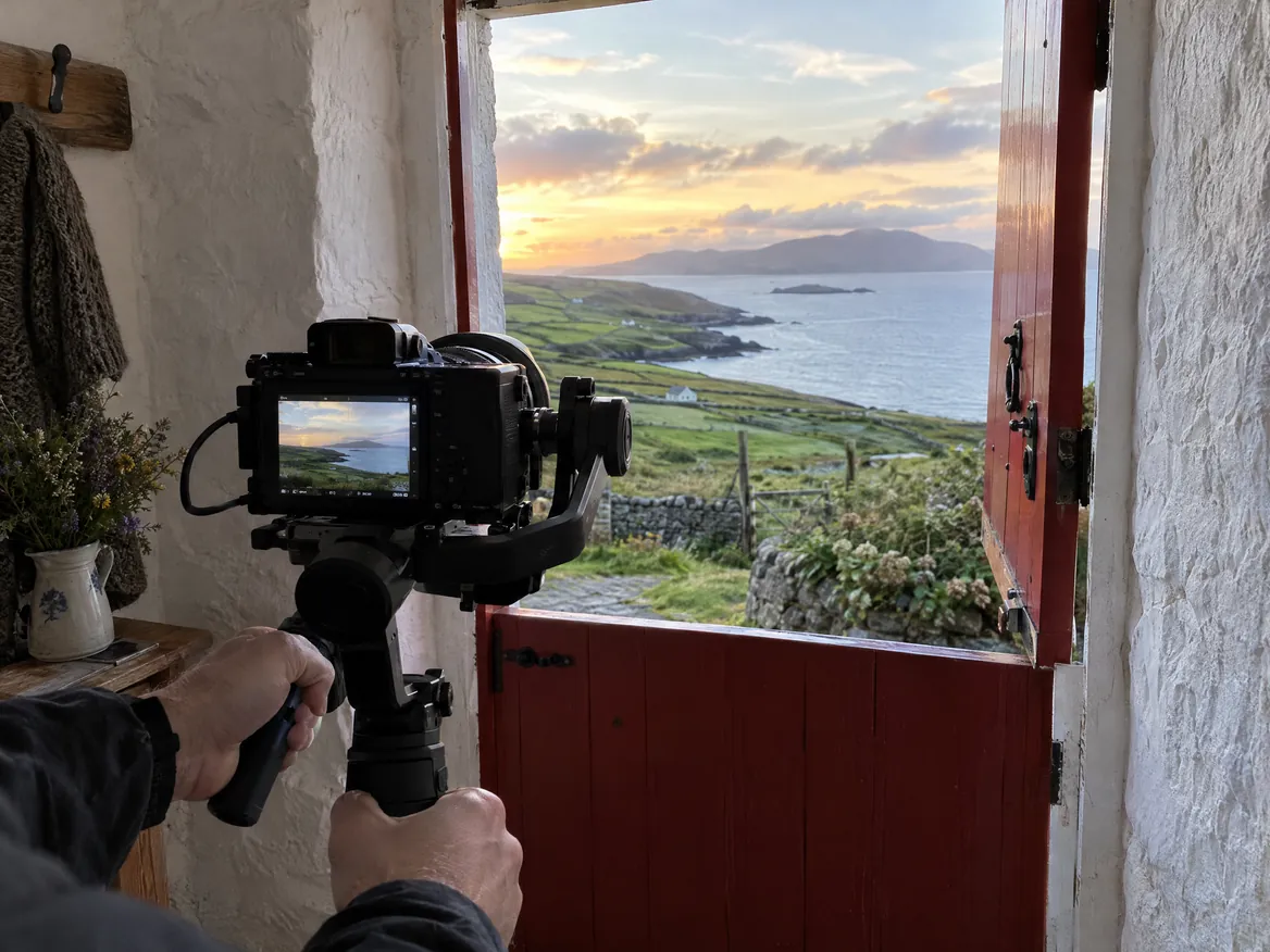 Illustration: a camera on a gimbal filming the sea view through a cottage half door