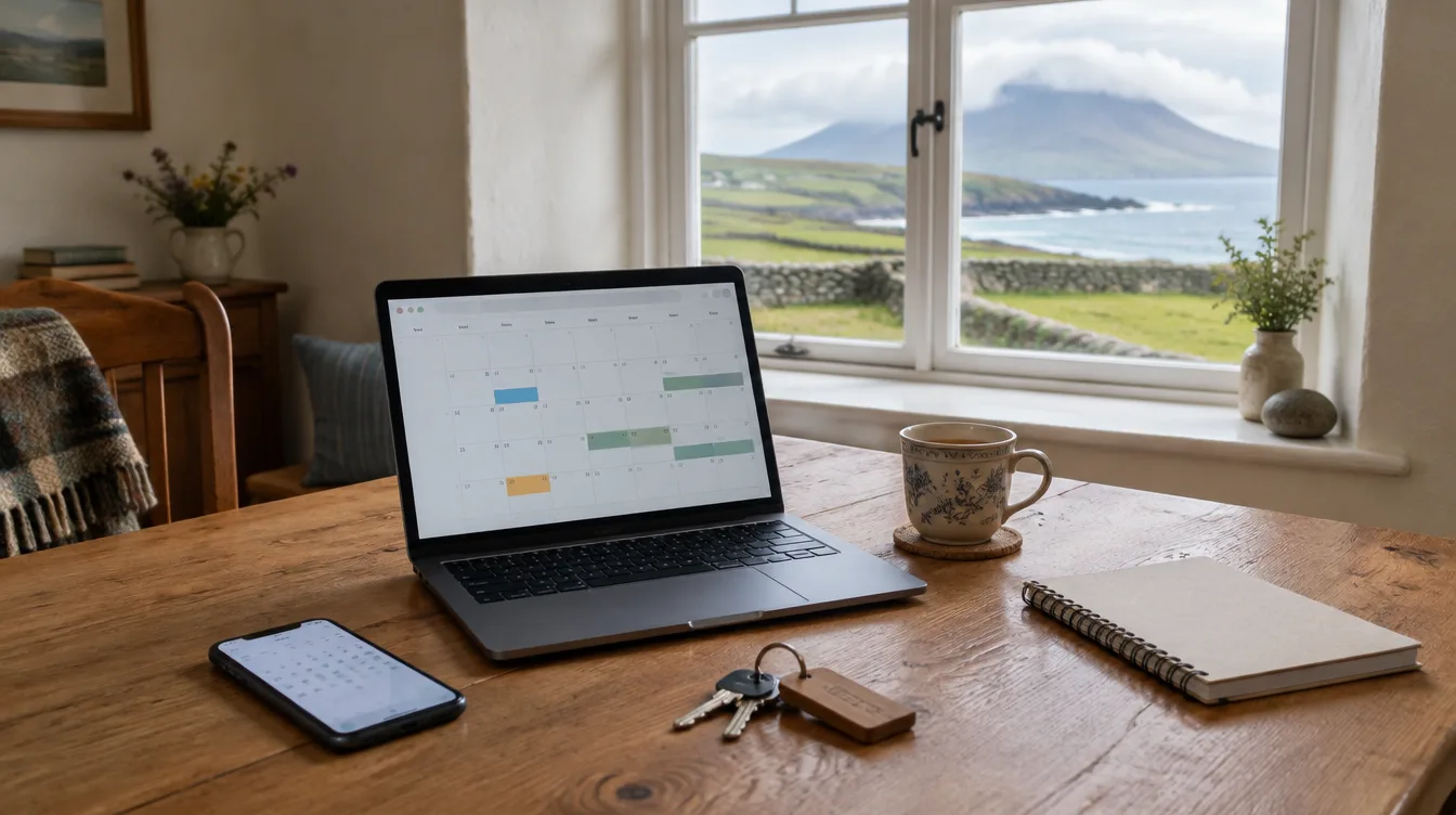 Illustration: a laptop with a booking calendar and house keys on a cottage kitchen table, with the Kerry coast through the window