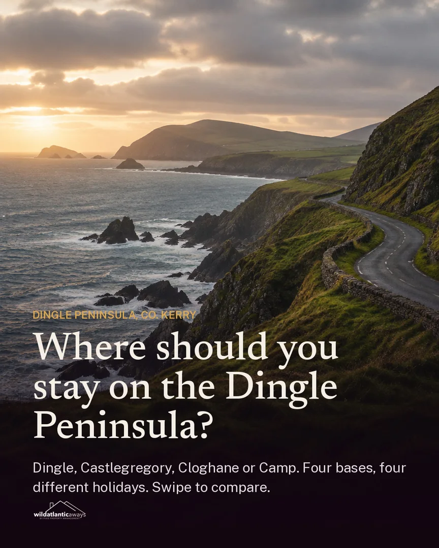 Instagram card: coastal road above the Atlantic with the question Where should you stay on the Dingle Peninsula