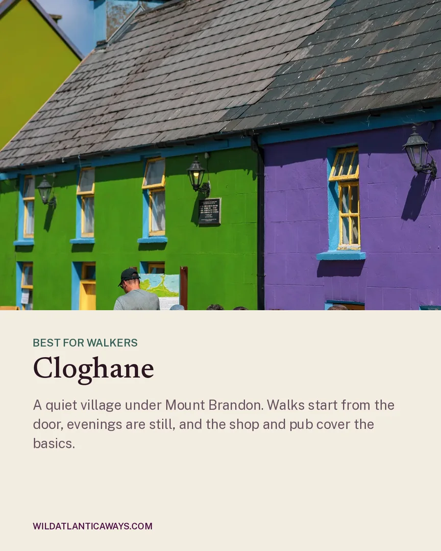 Instagram card: colourful houses in Cloghane village with the caption Best for walkers