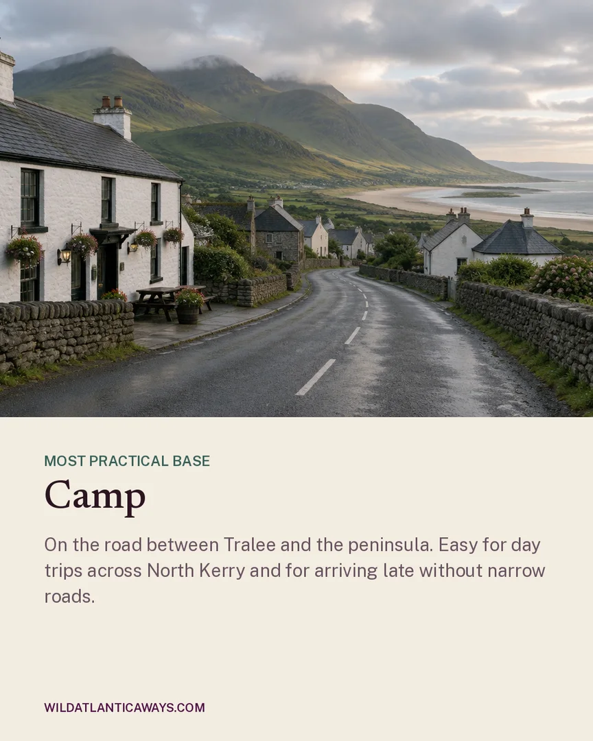 Instagram card: village road under the Slieve Mish mountains with the caption Most practical base