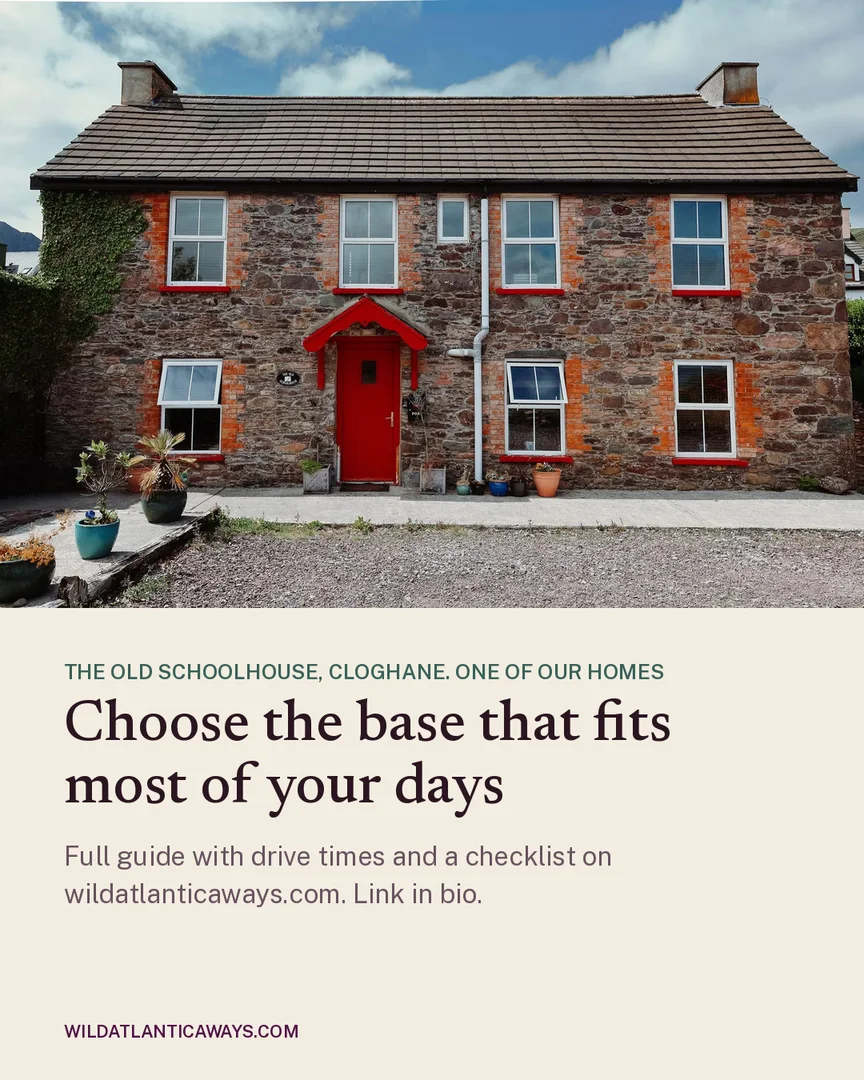 Instagram card: The Old Schoolhouse in Cloghane, stone house with a red door