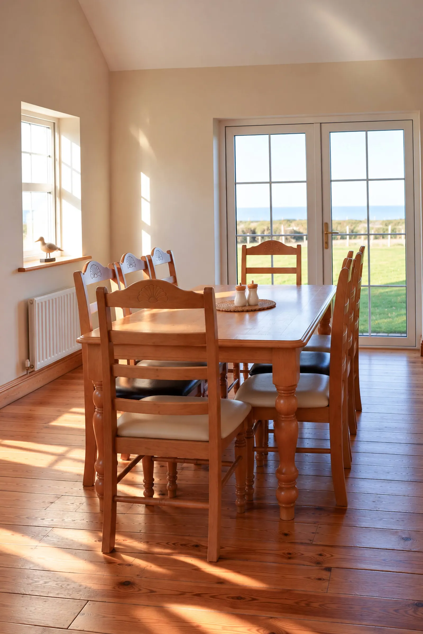 Wooden dining table and chairs at Woodside House, beside patio doors overlooking the lawn and sea.