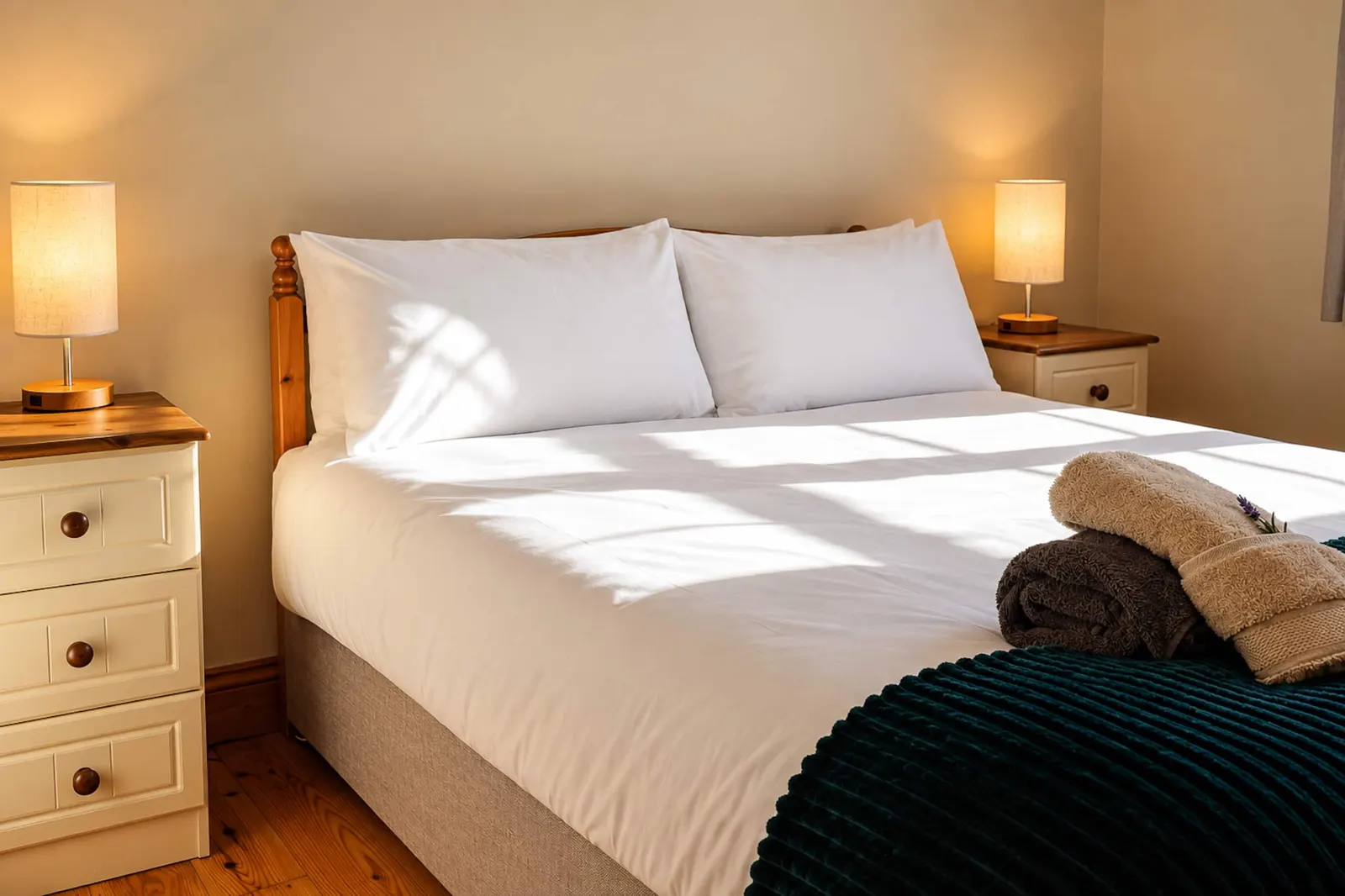 Sunlit double bed at Woodside House with white linen, a pine headboard, teal throw and folded towels.