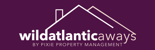 Wild Atlantic Away's logo. The logo is white on a purple background. It features a stylised house roof and the company name, by Pixie Property Management.